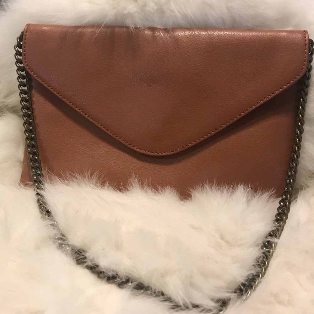 J Crew Leather Curb Chain Envelope Clutch •Cognac•